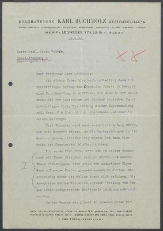 Briefwechsel zwischen Buchhandlung Karl Buchholz und Georg Kolbe