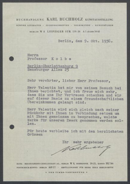 Briefwechsel zwischen Buchhandlung Karl Buchholz und Georg Kolbe