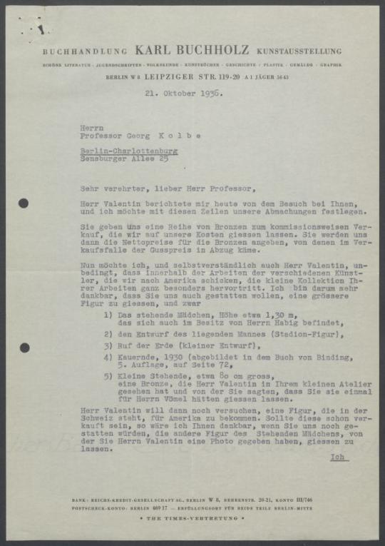 Briefwechsel zwischen Buchhandlung Karl Buchholz und Georg Kolbe