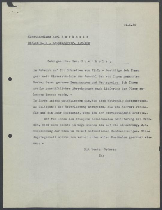 Briefwechsel zwischen Buchhandlung Karl Buchholz und Georg Kolbe