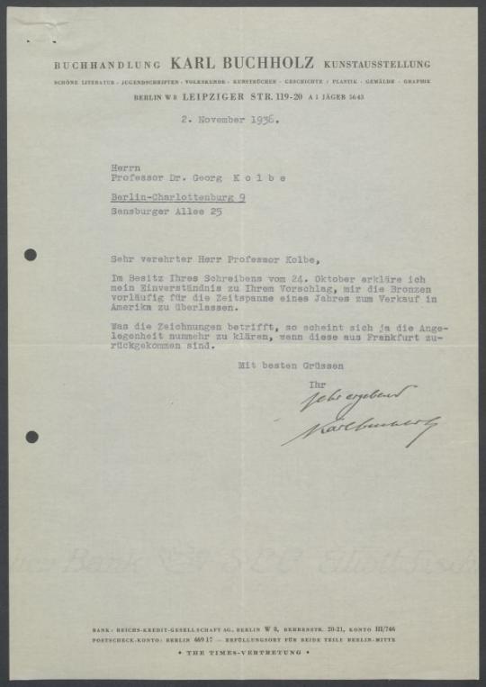 Briefwechsel zwischen Buchhandlung Karl Buchholz und Georg Kolbe