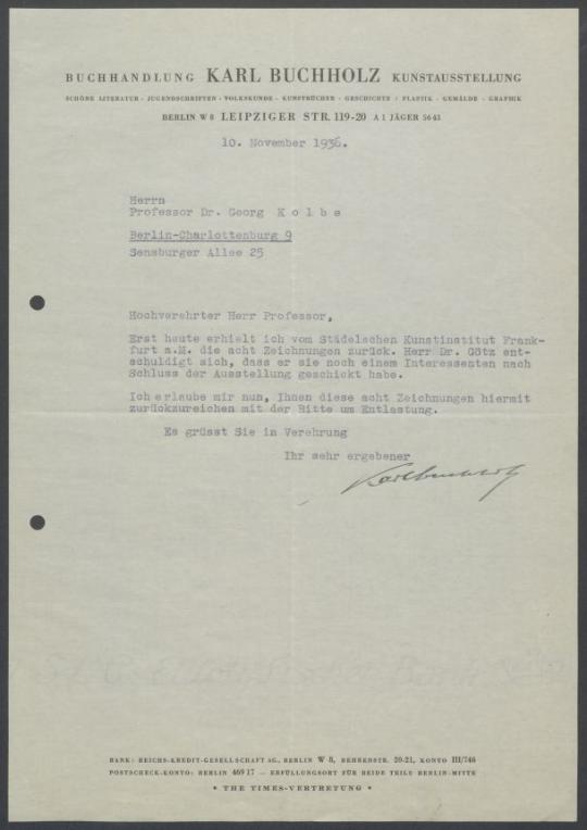 Briefwechsel zwischen Buchhandlung Karl Buchholz und Georg Kolbe