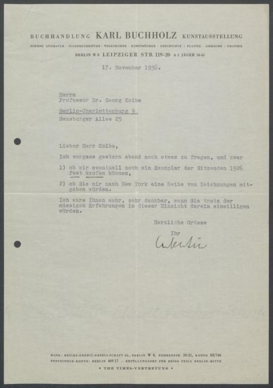 Briefwechsel zwischen Buchhandlung Karl Buchholz und Georg Kolbe