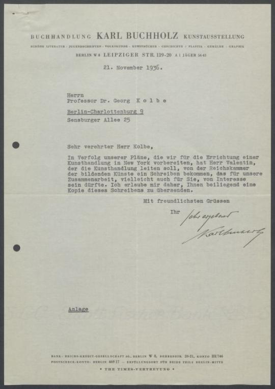 Briefwechsel zwischen Buchhandlung Karl Buchholz und Georg Kolbe
