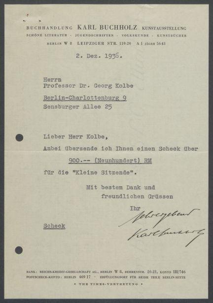 Briefwechsel zwischen Buchhandlung Karl Buchholz und Georg Kolbe