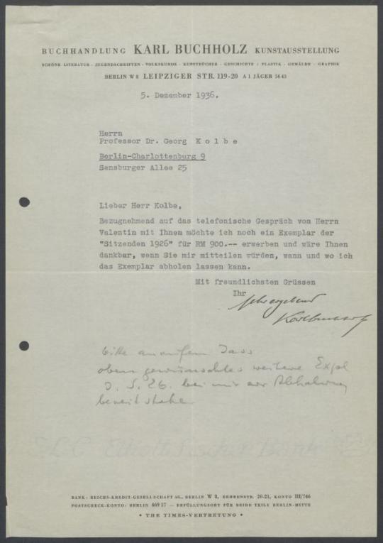 Briefwechsel zwischen Buchhandlung Karl Buchholz und Georg Kolbe