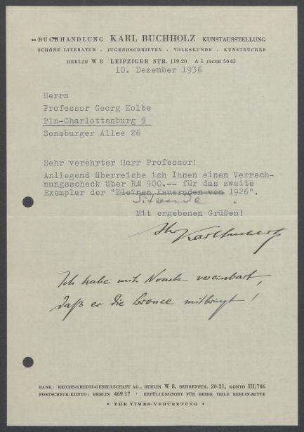 Briefwechsel zwischen Buchhandlung Karl Buchholz und Georg Kolbe