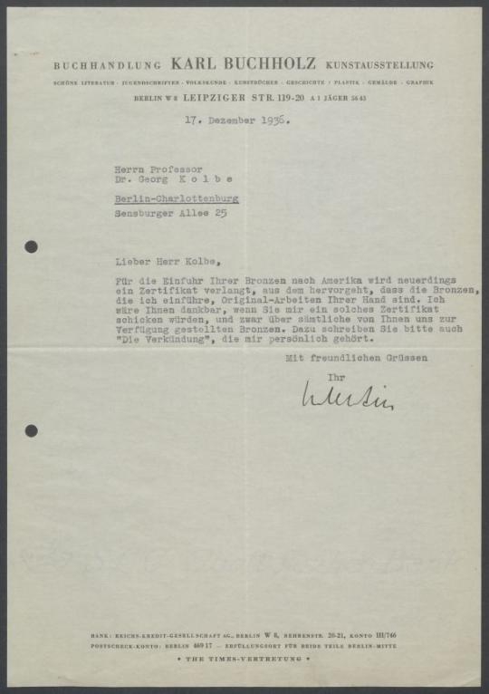 Briefwechsel zwischen Buchhandlung Karl Buchholz und Georg Kolbe