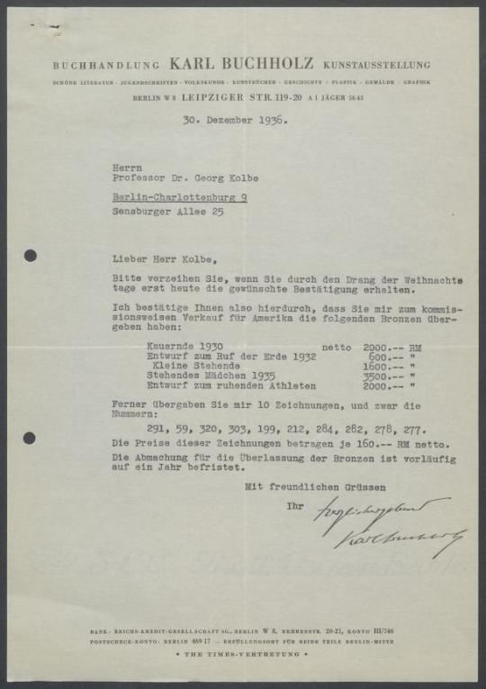 Briefwechsel zwischen Buchhandlung Karl Buchholz und Georg Kolbe