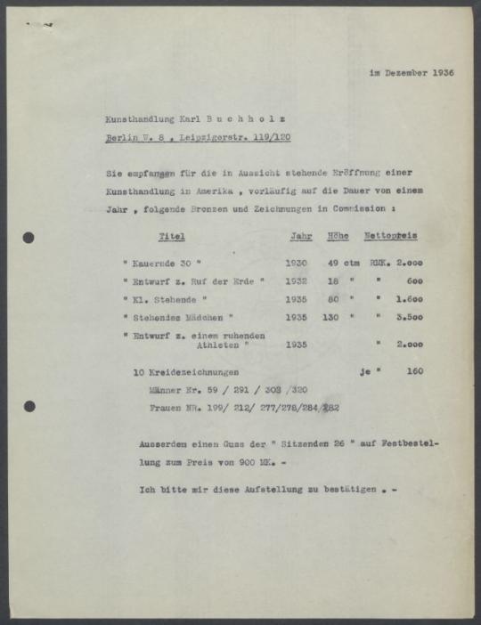 Briefwechsel zwischen Buchhandlung Karl Buchholz und Georg Kolbe
