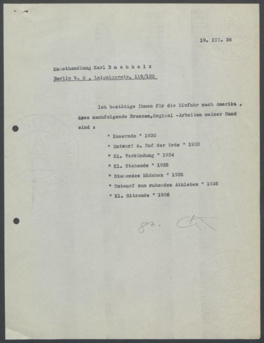 Briefwechsel zwischen Buchhandlung Karl Buchholz und Georg Kolbe