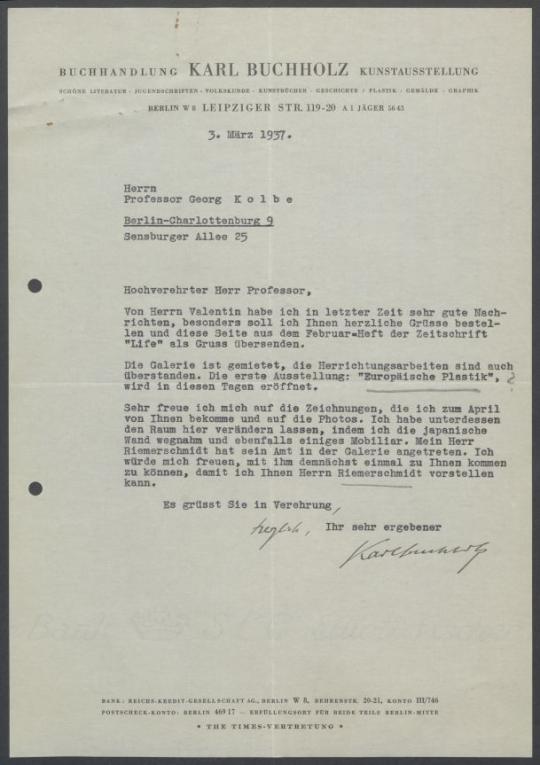 Briefwechsel zwischen Buchhandlung Karl Buchholz und Georg Kolbe