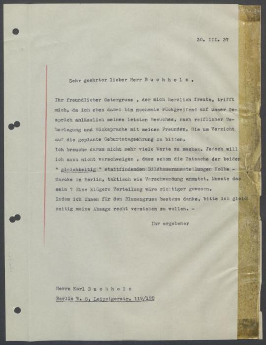 Briefwechsel zwischen Buchhandlung Karl Buchholz und Georg Kolbe