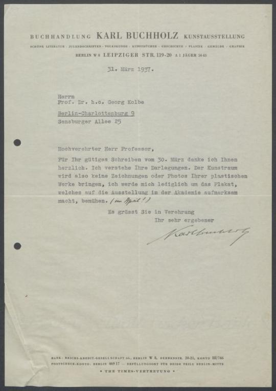 Briefwechsel zwischen Buchhandlung Karl Buchholz und Georg Kolbe