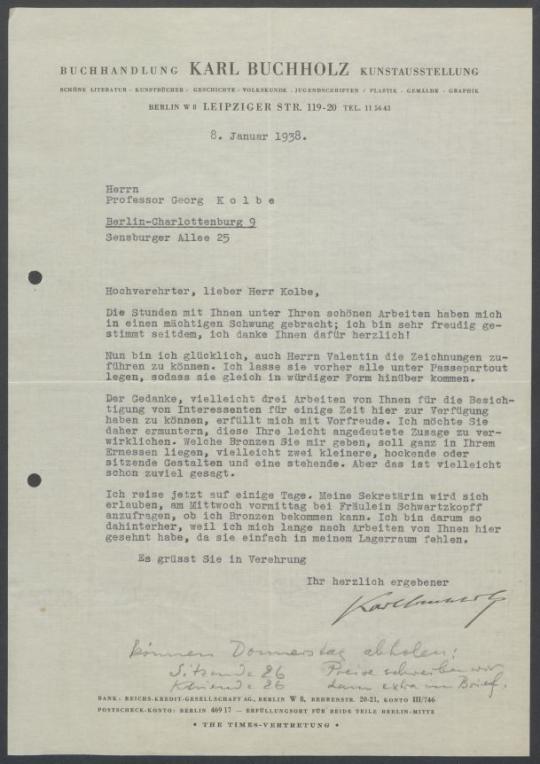 Briefwechsel zwischen Buchhandlung Karl Buchholz und Georg Kolbe