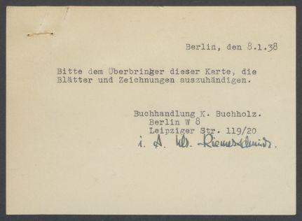 Briefwechsel zwischen Buchhandlung Karl Buchholz und Georg Kolbe