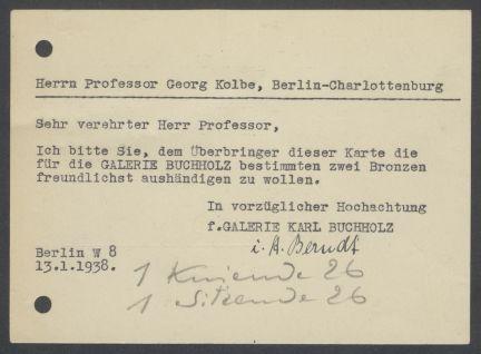 Briefwechsel zwischen Buchhandlung Karl Buchholz und Georg Kolbe