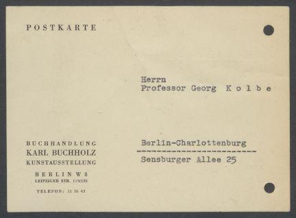 Briefwechsel zwischen Buchhandlung Karl Buchholz und Georg Kolbe