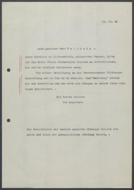 Briefwechsel zwischen Buchhandlung Karl Buchholz und Georg Kolbe