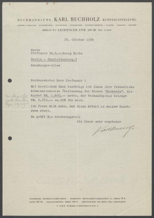 Briefwechsel zwischen Buchhandlung Karl Buchholz und Georg Kolbe
