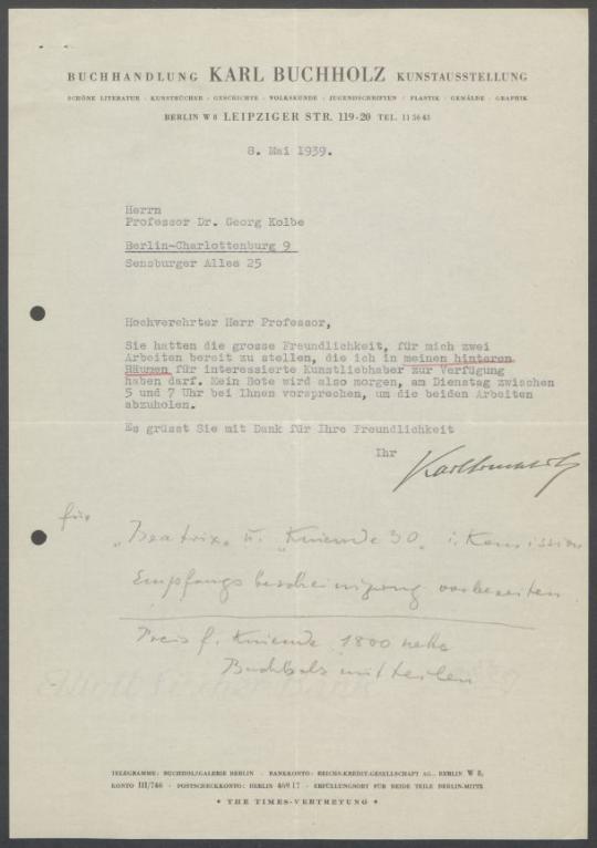 Briefwechsel zwischen Buchhandlung Karl Buchholz und Georg Kolbe