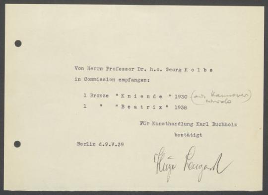 Briefwechsel zwischen Buchhandlung Karl Buchholz und Georg Kolbe