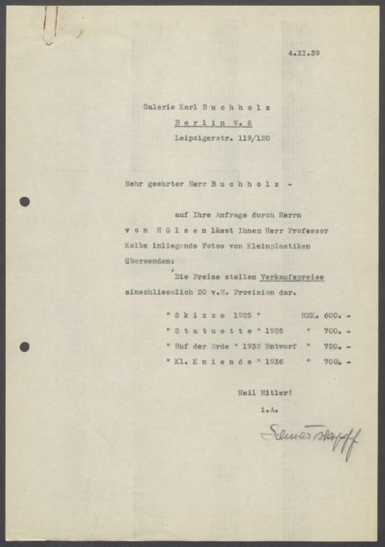Briefwechsel zwischen Buchhandlung Karl Buchholz und Georg Kolbe