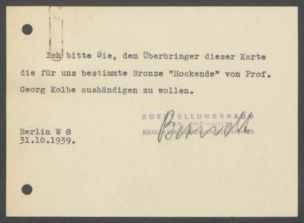 Briefwechsel zwischen Buchhandlung Karl Buchholz und Georg Kolbe