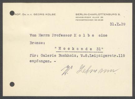 Briefwechsel zwischen Buchhandlung Karl Buchholz und Georg Kolbe