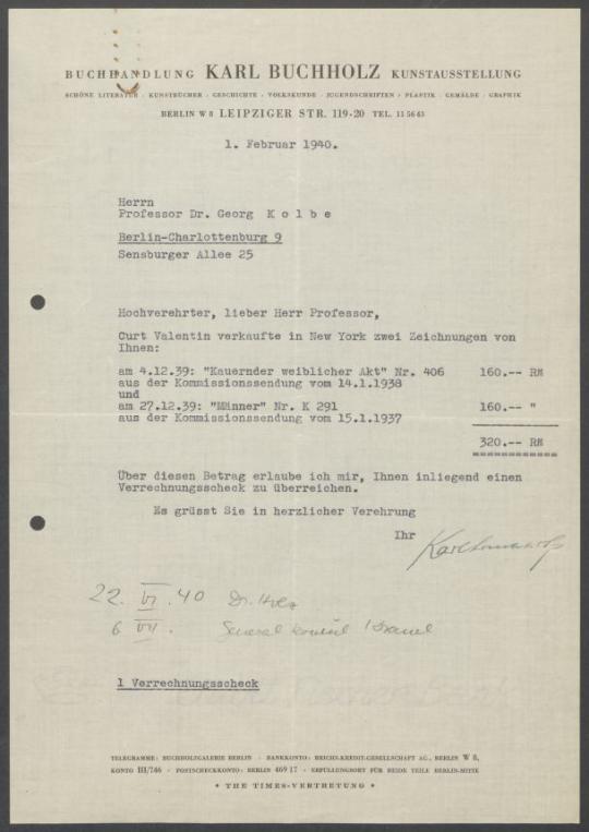 Briefwechsel zwischen Buchhandlung Karl Buchholz und Georg Kolbe