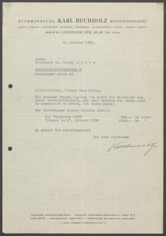 Briefwechsel zwischen Buchhandlung Karl Buchholz und Georg Kolbe