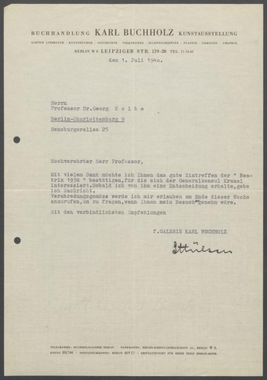 Briefwechsel zwischen Buchhandlung Karl Buchholz und Georg Kolbe