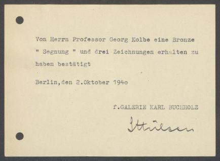 Briefwechsel zwischen Buchhandlung Karl Buchholz und Georg Kolbe