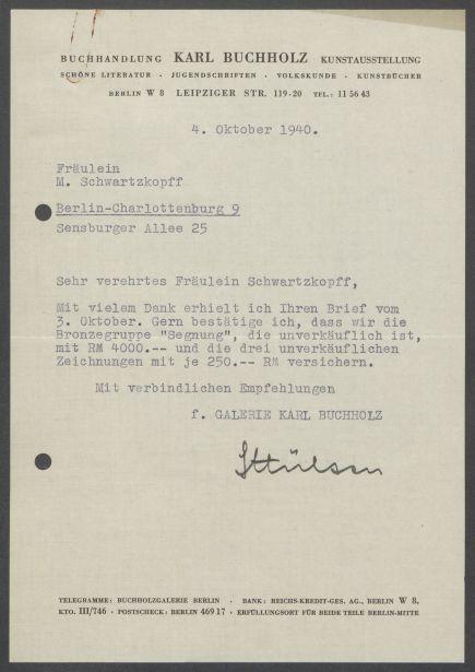 Briefwechsel zwischen Buchhandlung Karl Buchholz und Georg Kolbe