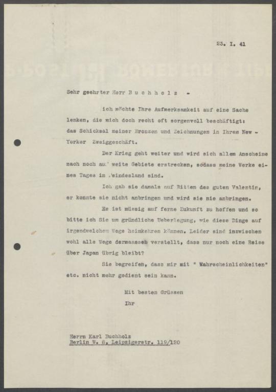 Briefwechsel zwischen Buchhandlung Karl Buchholz und Georg Kolbe
