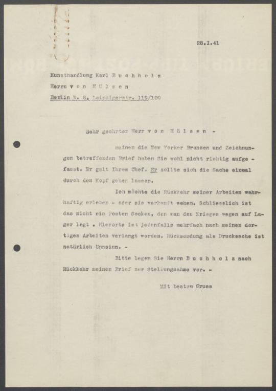 Briefwechsel zwischen Buchhandlung Karl Buchholz und Georg Kolbe