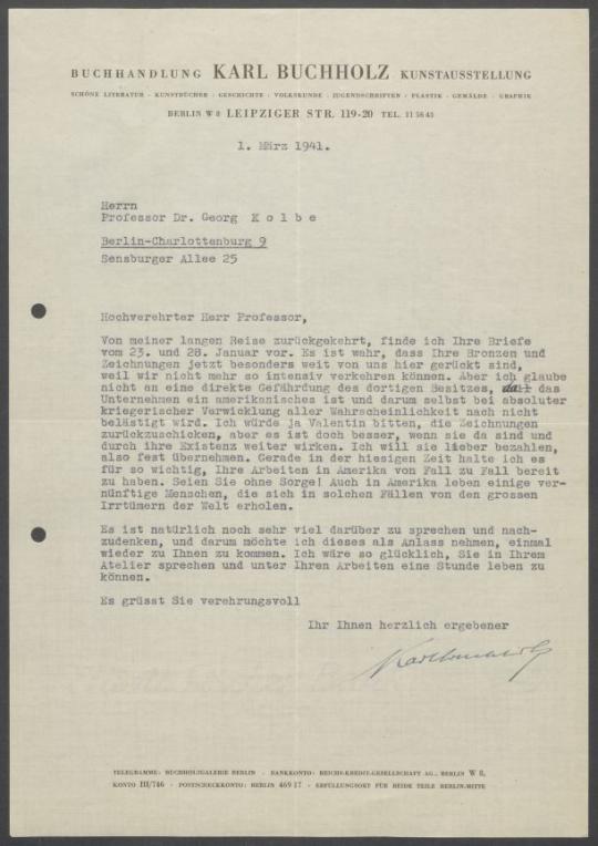 Briefwechsel zwischen Buchhandlung Karl Buchholz und Georg Kolbe