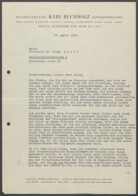 Briefwechsel zwischen Buchhandlung Karl Buchholz und Georg Kolbe