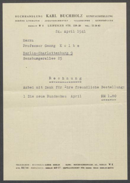 Briefwechsel zwischen Buchhandlung Karl Buchholz und Georg Kolbe