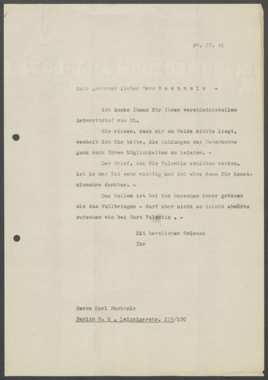 Briefwechsel zwischen Buchhandlung Karl Buchholz und Georg Kolbe