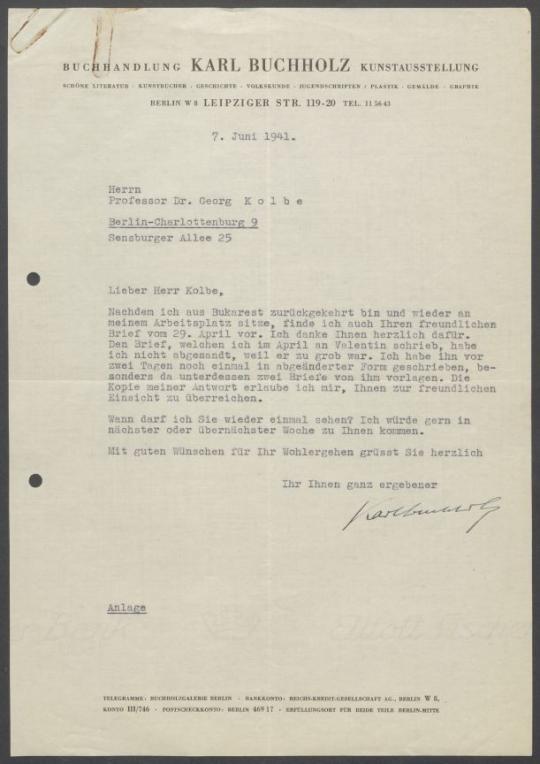 Briefwechsel zwischen Buchhandlung Karl Buchholz und Georg Kolbe