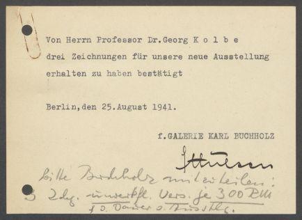 Briefwechsel zwischen Buchhandlung Karl Buchholz und Georg Kolbe
