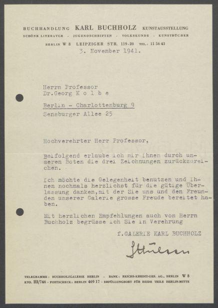 Briefwechsel zwischen Buchhandlung Karl Buchholz und Georg Kolbe