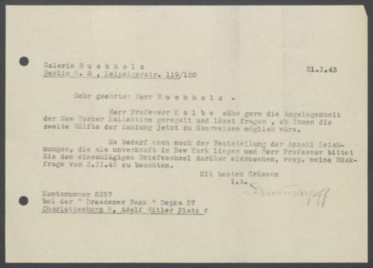 Briefwechsel zwischen Buchhandlung Karl Buchholz und Georg Kolbe