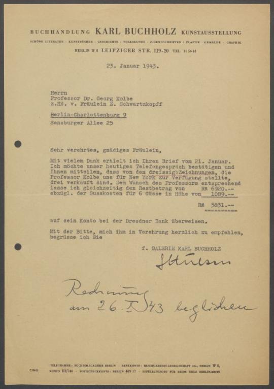 Briefwechsel zwischen Buchhandlung Karl Buchholz und Georg Kolbe