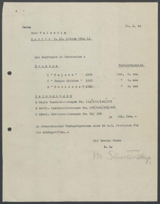 Briefwechsel zwischen Buchhandlung Karl Buchholz und Georg Kolbe
