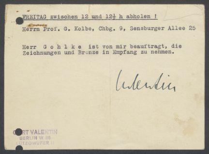 Briefwechsel zwischen Buchhandlung Karl Buchholz und Georg Kolbe