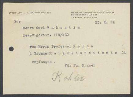 Briefwechsel zwischen Buchhandlung Karl Buchholz und Georg Kolbe