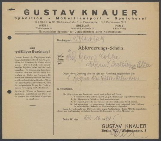 Briefwechsel zwischen Buchhandlung Karl Buchholz und Georg Kolbe