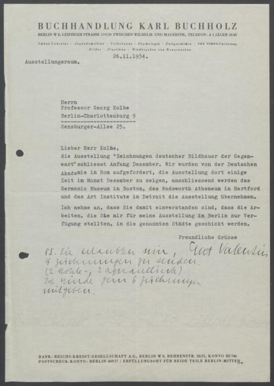 Briefwechsel zwischen Buchhandlung Karl Buchholz und Georg Kolbe